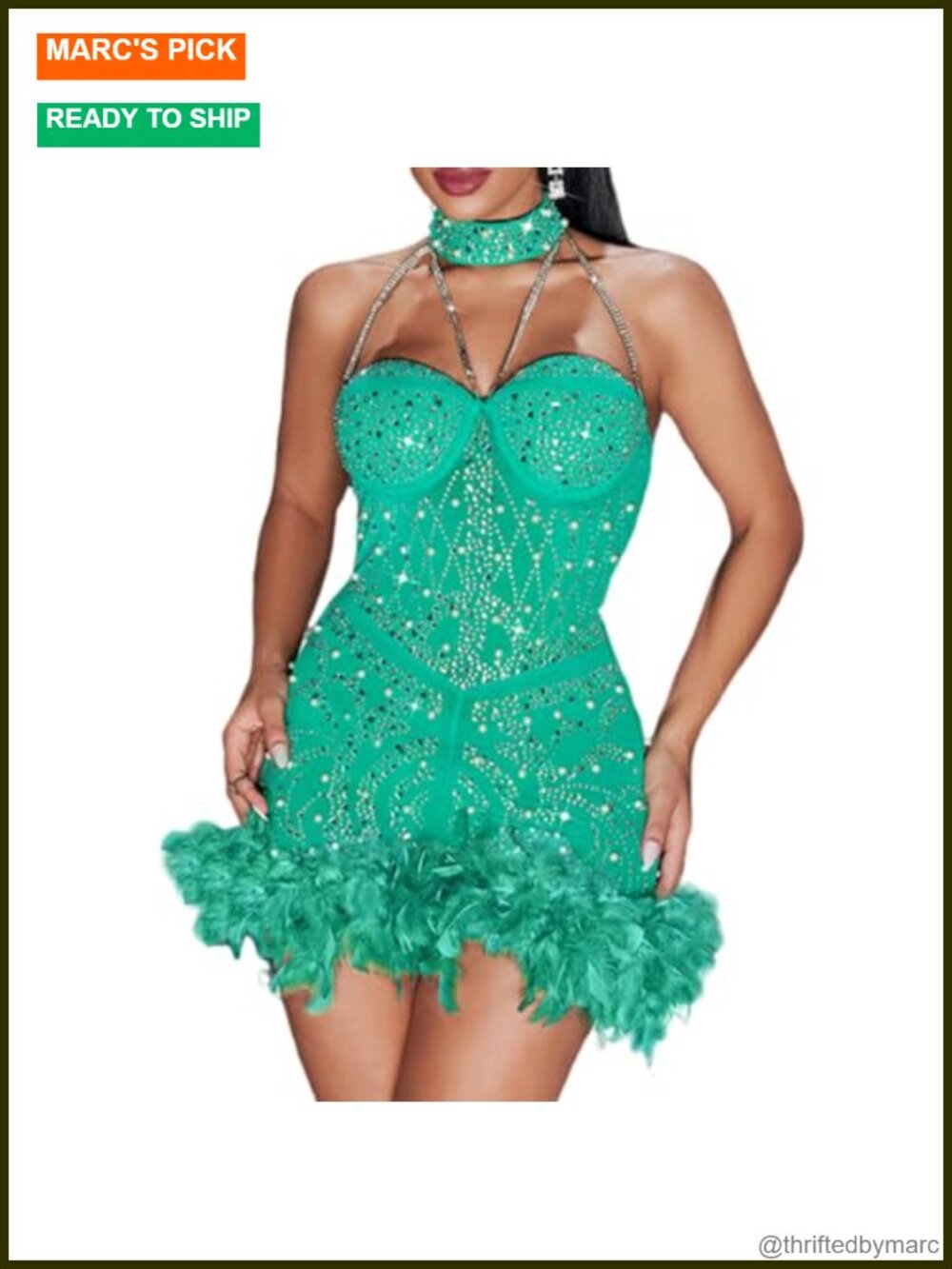 Rhinestone Feather Mesh Bodycon Backless Club Party Mini Dress